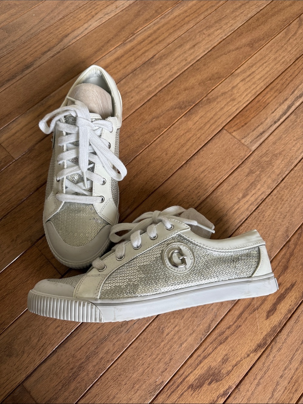 Guess White Silver Sequin Low-Top Sneakers